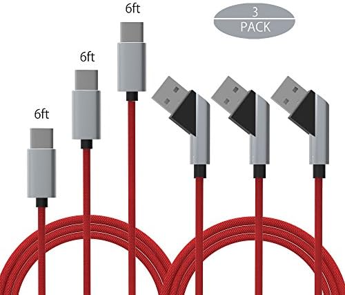 USB Type C Cable, BYZ 3 Pack 6ft Nylon Braided USB Type C Charging Cable Red