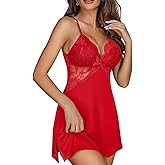 CHICME Lingerie for Women Lace Chemise Side Slit Modal Nightgowns V Neck Backless Sleepwear Babydoll Dress