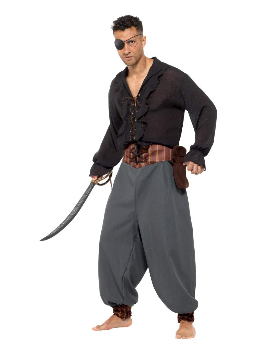 Smiffys Pirate Blouson Pants, Grey with Pockets, Pirate Fancy Dress, Pirate Dress Up Costumes