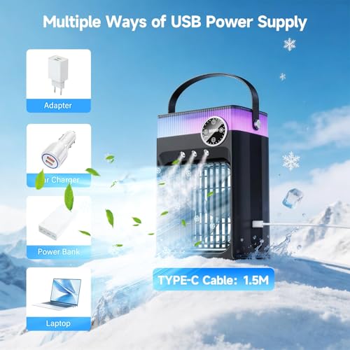 Portable Air Conditioners, 4 in 1 Evaporative Air Cooler with 1200ML Tank, Queit Cooling Fan with Remote Control, 2-8H Timer, 3 Modes & 8 LED Lights, Personal AC Unit for Bedroom, Office and Camping