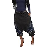 Kwunbwa Women's Denim Harem Pants Patchwork Ripped Jeans Elastic Waist Loose Stretchy Trendy Barrel Jeans with Pockets