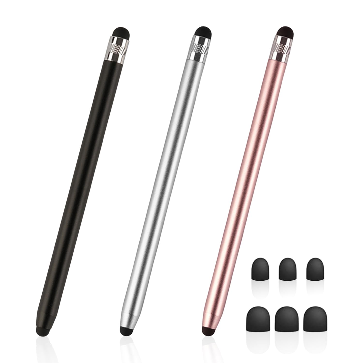 3 Double Headed Touch Screen Pens, Rubber Pen, Capacitive Metal Pen, Mobile Phone Tablet Pen, Suitable for Note Taking, Writing, Gaming and Painting (Black, Silver, Pink)