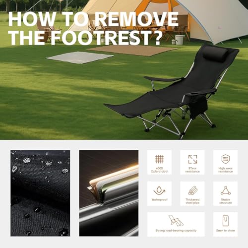 Reclining Camping Chair with Removable Footrest, Adjustable Camping Lounge Beach Chair with Padded Headrest, Cup Holder & Carry Bag, Camp Chair with Foot Rest Lawn Chairs for Camp, Fishing,Office