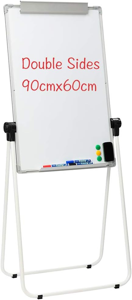 DOEWORKS Flip Chart Easel Whiteboard 90x60cm U-Stand, Double Sides Magnetic White Board Flipchart