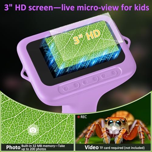 Microscope for Kids 3" IPS Screen Digital Microscope 1000X Magnification 1080P Handheld Microscope with 8 LEDs and 32MB Memory USB Pocket Microscope for PC/Mac