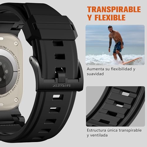 Bandletic R-Steel Strap Compatible with Apple Watch Ultra 2/Ultra 49mm, Series 10 46mm 9/8/7 45mm SE2/6/SE/5/4 44mm 3/2/1 42mm, Robust FKM Replacement Bracelet with Elegant Design Metal Connector, Black