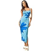 SKAYS Women's 2025 Floral Summer Dress Cowl Neck Spaghetti Strap Beach Midi Bodycon Tropical Vacation Dress with Slit