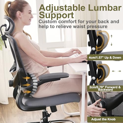 TONFARY Ergonomic Office Chair, High Back Mesh Office Chair, Adjustable Lumbar Support, Folding Armrest, Removable Headrest, Gaming Chair for Computer Swivel 150kg