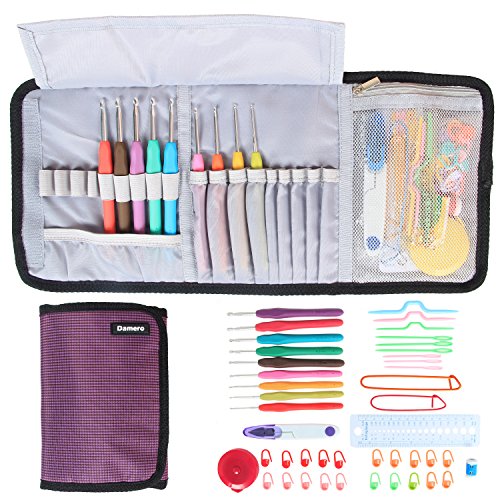 Damero Ergonomic Crochet Hooks Set, Crochet Accessories Kit/ Roll Up Storage Bag with Soft Grip Crochet Needles and Knitting Accessories, Purple