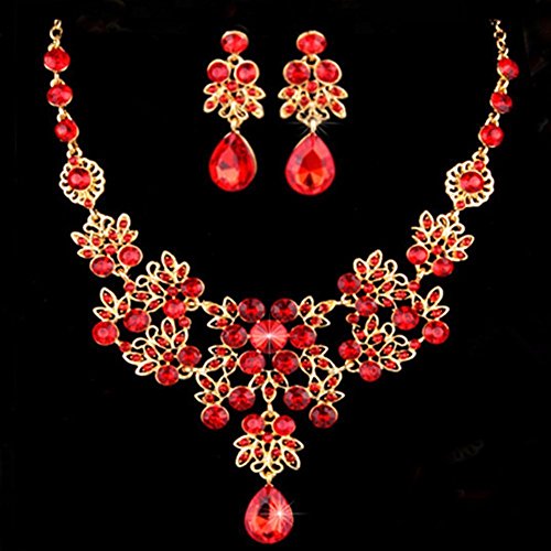 Dxhycc Silver Red Alloy Rhinestone Earrings Crystal Pendant Necklace