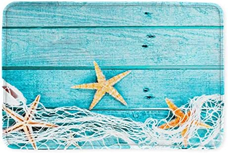 Starfish Bath Mats, Ocean Fishnet Wooden Plank Non Slip Bath Rug Absorbent Bathroom Rugs Kitchen Floor Mat Carpet, 20 x 31 Inch