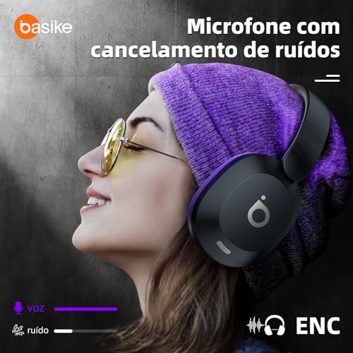 Basike Fone de Ouvido Bluetooth, ANC Cancelamento de Ruído Ativo Headphone Bluetooth 5.4 Headset com Microfone, Certificação Hi-Res Audio, 30 horas reprodução, LE15 (Azul)