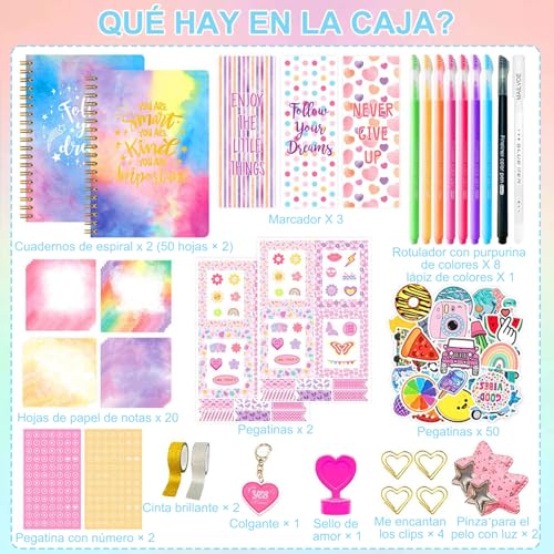 100+Piezas Diario DIY para Niñas, Libretas Bonitas para Niña,Set de Papelería para Diarios Bricolaje,Set de Manualidades Creativas y Regalo para Creatividad y Diversión