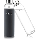 Ryaco Borosilicate Glass Water Bottle 33oz/1L/1000ml BPA-Free Leak Proof Ideal for School Home Office Travel Sport Yoga Gym Hot Cold Drinks with Portable Neoprene Carrying Sleeve and Sponge Brush