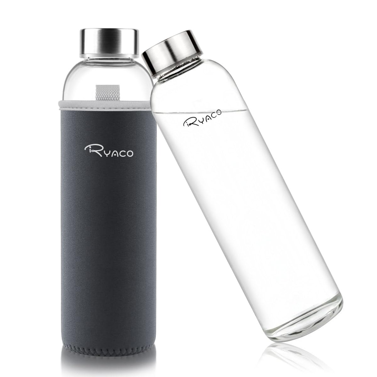 RYACO Glass Water Bottle 1000ml/1L,Borosilicate Glass Bottle with Neoprene Protective Case for Hot Cold Drinks,BPA-Free Leak Proof,Sport Water Bottles with Sponge Brush,Dishwasher Safe