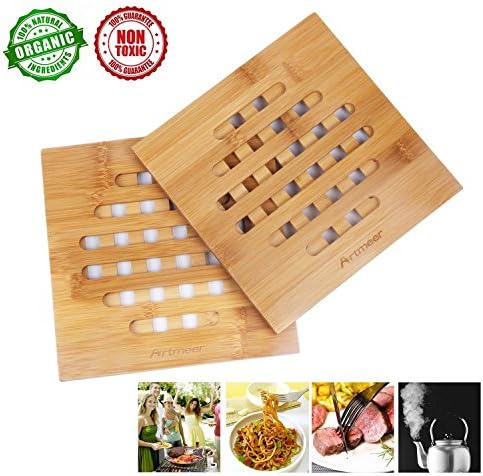 Trivet Mat Set for Kitchen,Hot Pot Holder Pads Bamboo Coasters of 2 Pack,Hot Pads,Teapot Trivet by Artmeer (Bamboo)