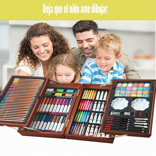 KINSPORY Briefcase Paints for Children, 139 Pieces Drawing Games, Watercolor Pencils with Wooden Box (Brown)