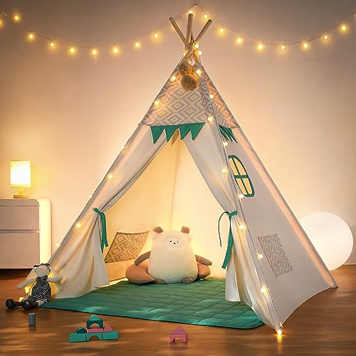 besrey Kids Play Tent Indian Canvas Teepee Cotton with Padded Mat and Fairy Lights (Green and White)