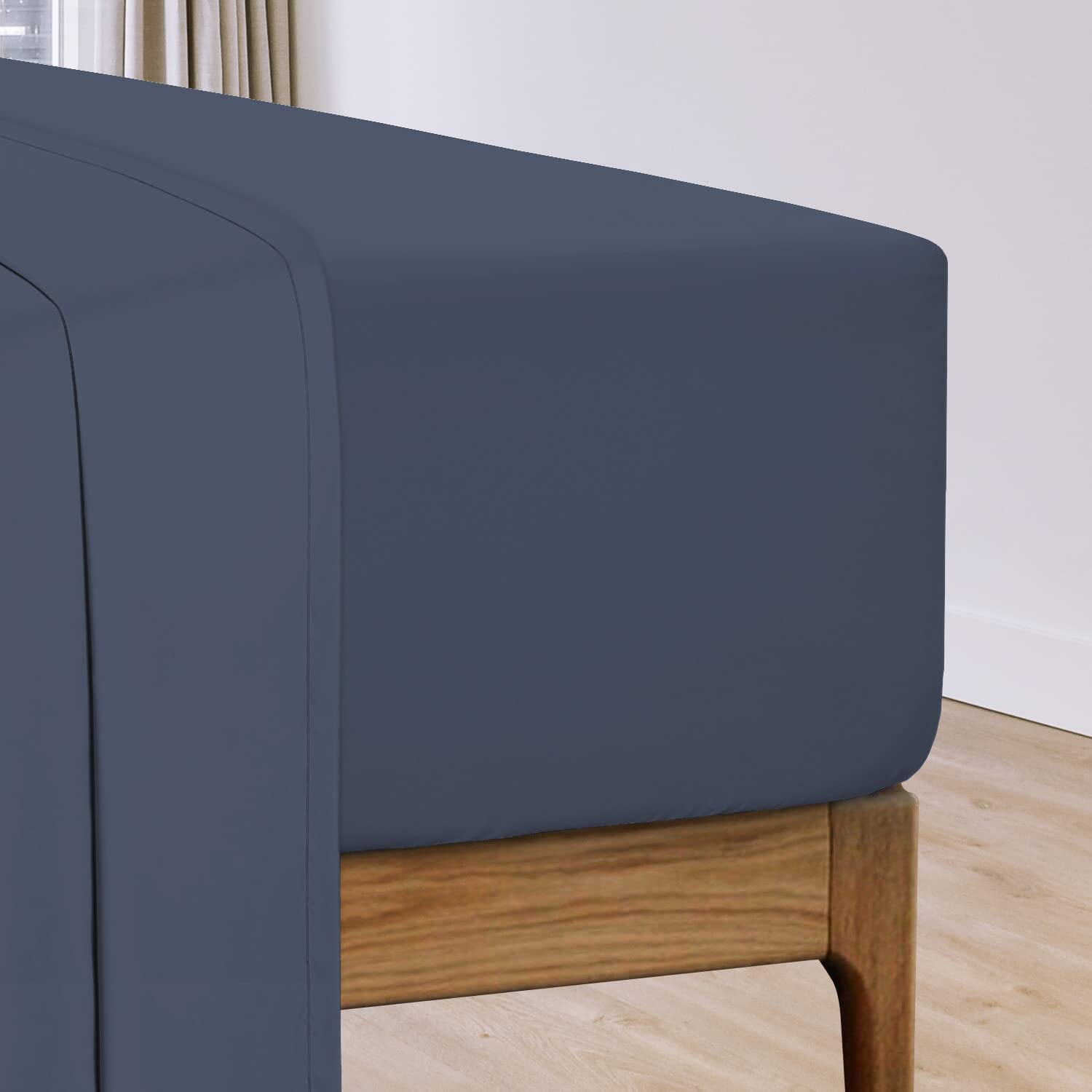 Pizuna Dark Blue Cotton Percale European Single Fitted Sheets 100x200 cm 1 Pc Only, 100% Long Staple Cotton Plain Weave Fitted Sheet Euro Single with 40 cm Deep Pocket — image 1