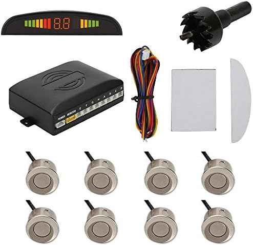 TKOOFN Highly Sensitive Buzzer Safety Alert Car Reverse Back Up Radar System with 8 Ultrasonic Parking Sensors [4 Front & 4 Rear]& LED Display for Universal Auto Vehicle - Champagne Gold