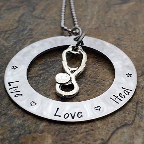 Nurse Gifts | Live Love Heal Necklace | Necklace with Stethoscope Charm | Your Choice of Font and Chain Type | Stainless Steel