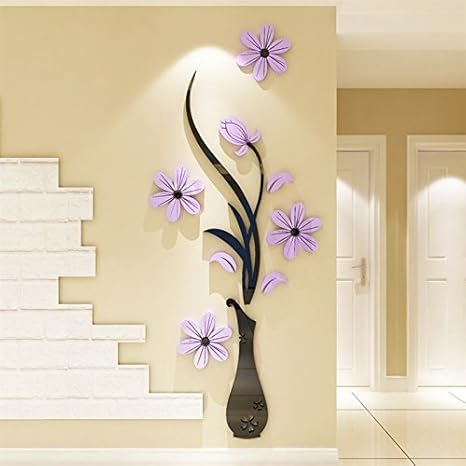 Jwqt Acryl Stereoskopischen 3d Wall Sticker Zimmer Hallenbad Wohnzimmer Veranda Hintergrund Mauer Wand Dekoration Sticker Aufkleber Vase Plum 2 Schwarz Zweig Hell Lila Blume Ubergrosse Amazon De Baumarkt