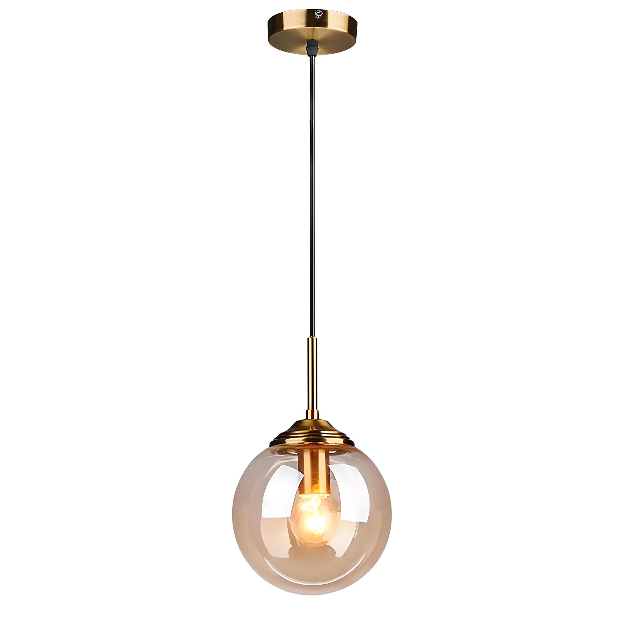 HJXDtech Industrial Vintage Glass Globe Ceiling Pendant Light with Brass Finish,E27 Hanging Lamp for Kitchen, Dining Room & Living Room - Amber, 1-Light