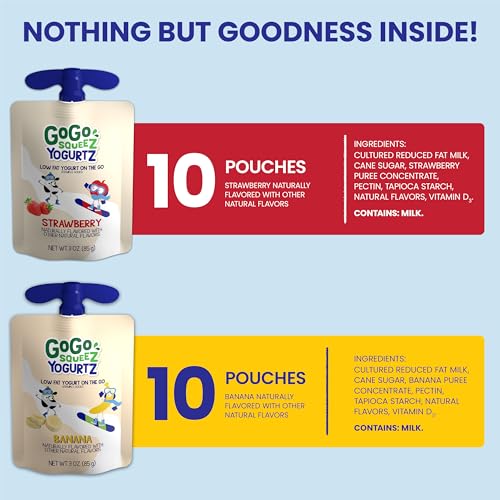 GOGO SQUEEZ YOGURTZ VARIETY PACK, STRAWBERRY & BANANA, 3 OZ (PACK OF 20), KIDS SNACKS MADE FROM REAL YOGURT AND FRUIT, NO FRIDGE NEEDED, GLUTEN FREE, NUT FREE, RECLOSEABLE CAP, BPA FREE POUCHES