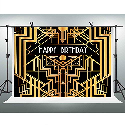 FHZON Backdrop 10x7ft Great Gatsby Happy Birthday Photo Photography Background Black Gold Golden Banner Party Themed Wallpaper Video Studio Shoot Props LXFH566