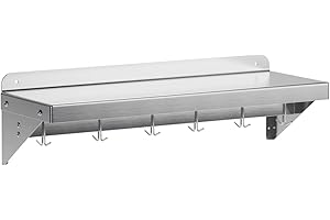 KIETLER 12" x 36" NSF Certified Stainless Steel Wall Mount Shelf - Multifunctional Metal Storage Rack with Backsplash and 6 Hooks