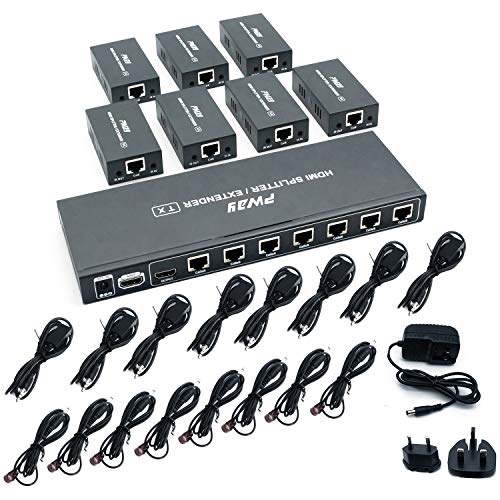 PW-HTS0107IR (POC) 1X7 Port HDMI Splitter Extender/Splitter Ultra HD 1080P Without Delay 60 m Over CAT6 Cable Supports EDID and IR (1 in 7 Out)