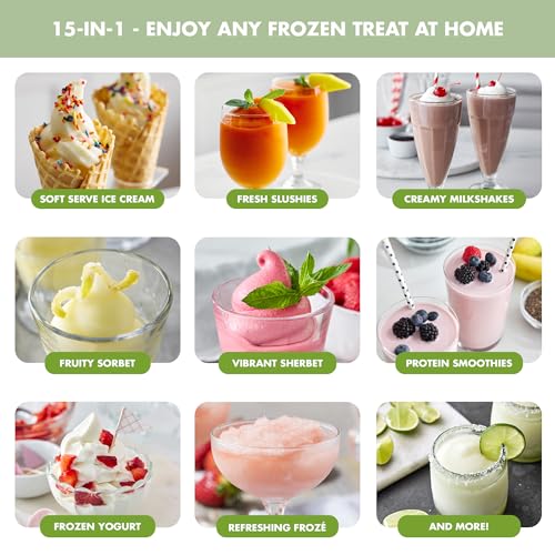 GreenPan Frost Máquina para hacer helados y bebidas congeladas, servicio suave, granizados, sorbetes, batidos y cócteles, no necesita congelador, 7 texturas, silencioso y rápido, fácil de limpiar, tamaño familiar, pistacho salvia