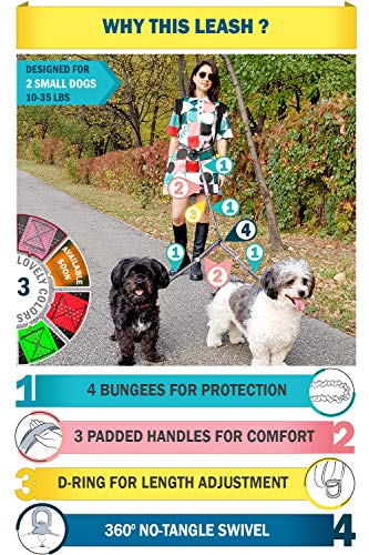Pet Dreamland Hands Free Double Dog Leash - Two Small to Medium Dogs (up to 35lbs) | Running, Walking, Hiking | Waist Leashes for Dogs (Dark Grey & Pink)