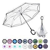 WASING Double Layer Inverted Umbrella Cars Reverse Umbrella, Windproof UV Protection Big Straight Umbrella for Car Rain Outdoor with C-Shaped Handle (Transparent)