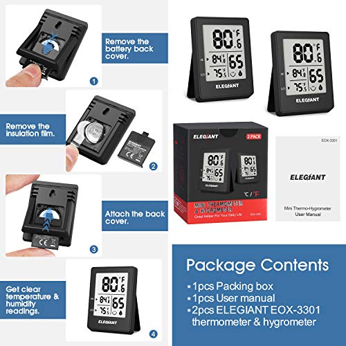 ELEGIANT Digital Hygrometer (2 Pack), Humidity Gauge Mini Indoor Thermometer Accurate Temperature and Humidity Monitor Baby Room Thermometer with Comfort Indicator for Home, Office, Greenhouse, Black