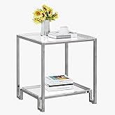 2 Tier Square End Table Side Table with Tempered Glass Top and Silver Stainless Steel Frame Modern Night Stand for Small Spaces Side Table with Storage for Living Room Bedroom