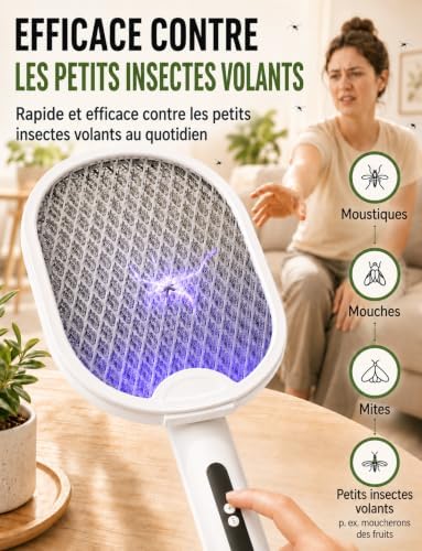 Raquette Electrique Insecte Pliable 4000V Interieur Exterieur Blanc