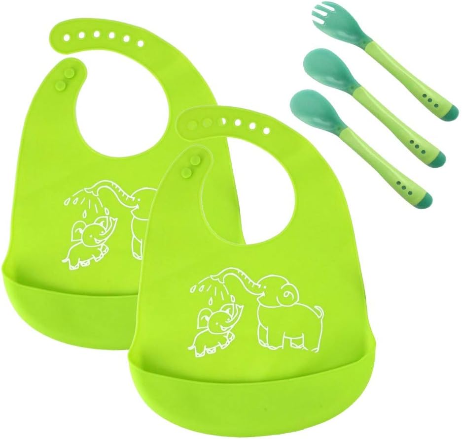 2PCS Baby Bibs Waterproof Silicone Bib for Babies, Wide Food Crumb Catcher Pocket Unisex Bibs for Infant Toddler, 2pcs Spoons, 1pc Pork