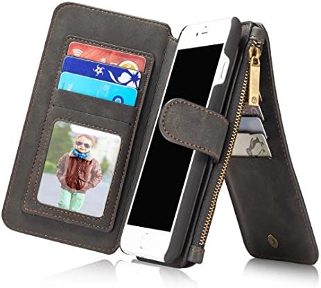 iPhone 7 Wallet Case,Genuine Leather Zipper Wallet With Detachable Magnet Flip Back Cover Case For iPhone 7,Zipper Purse With Folio Back Cover and Card Slots With Perfect Retail Package By iSmarTech
