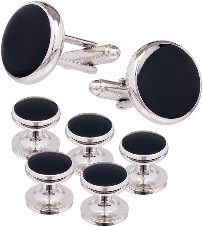 Black Dress Shirt Stud Sets Set of Round Cufflinks with Matching 5