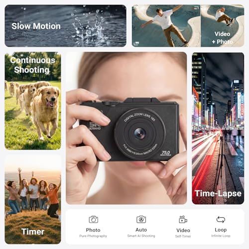 5K Digital Camera for Photography - 75MP WiFi Vlogging Camera for YouTube, Travel Flash Camera for Beginners Adults, UHD 18X Zoom with Flip Screen 3" 180°, 64 GB SD Card, 2 Batteries, Black