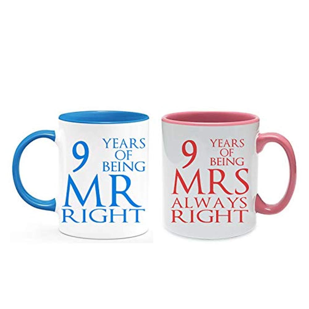 Copper Anniversary 9 Years of Being Mr Right & Mrs Always Right Set of 2 Wedding Anniversary, Valentines Day, Coloured Couple Mug Set. (9 Years)