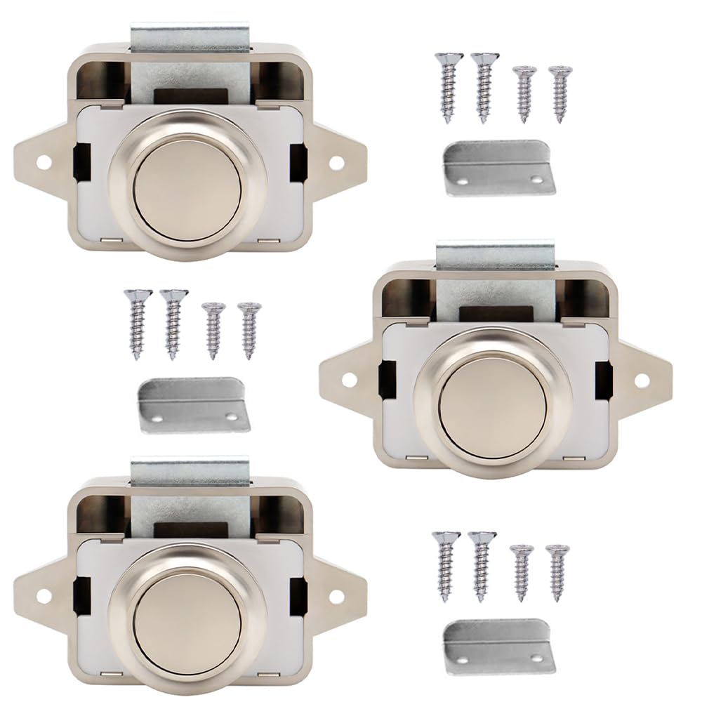Kellegour 3 Pack Push Button Latch Catch, Cupboard Door Knob Latch, Push Button Locks for Furniture, Cabinets, Vehicles (Beige)