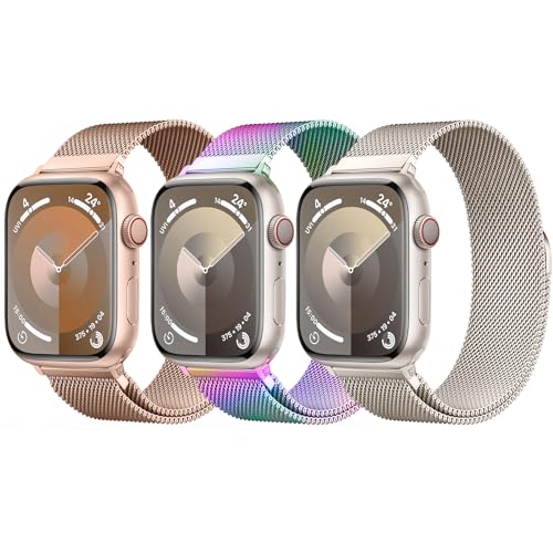 BELONGME 3 Pack Mesh Loop Compatible with Apple Watch Bands for Women Men 40mm 41mm 38mm 42mm 44mm 45mm 49mm 46mm Series 11 10 9 8 7 6 5 4 Ultra3 SE3 2, Stainless Steel Metal Magnetic Strap for iWatch
