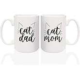 Canopy Street Cat Dad Cat Mom Matching Mugs / 2 Jumbo 15 Ounce White Ceramic Mugs/Funny Coffee Cup Set For Feline Pet Lovers