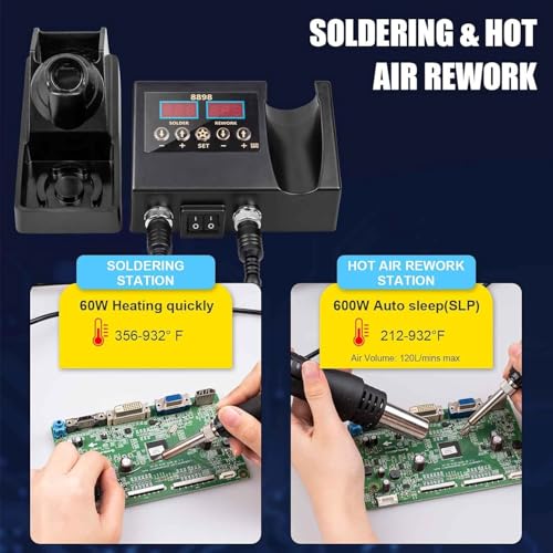 Ctoby 2 in 1 Hot Wind Gun Solder Iron SMD Rework Soldering Station Kit 700W/220V Tabletop Hot Wind Gun Tin Solder Iron Working Soldering Station with Dual LCD Digital Display 11pcs