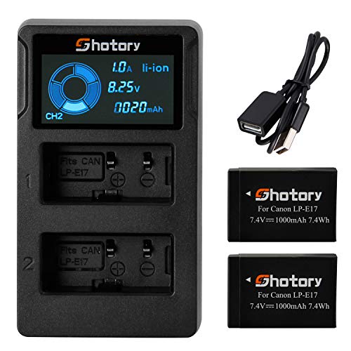 LP-E17 Shotory 2 Pack Replacement Battery and LED Dual Micro USB Charger for Canon EOS 77D, Rebel T6i, Rebel T7i, 750D,760D, 800D, 200D, 8000D, M3, M5, M6, Rebel T6s, Kiss X8i (7.4V, 1000mAh)
