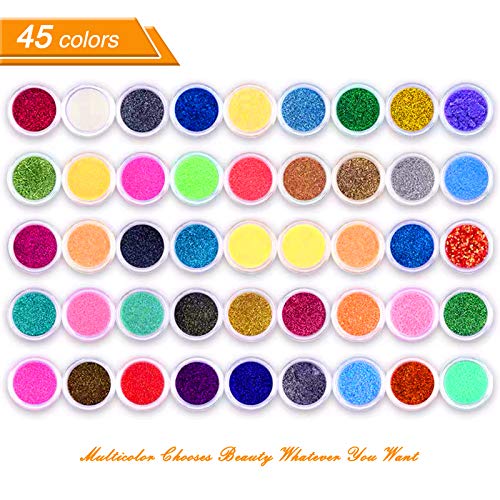 45 Colors Nail Art Glitter Powder Makeup, Mix Glitter Nail Art Multi Purpose Shimmer Dust Sequins Nail Art Kit for Nail Art Decoration