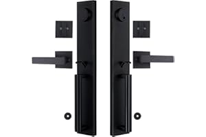 Virego Double Door Handle Set with Dummy, Iron Black Full Escutcheon Double Front Door Handle Set with Key, Heavy Duty Square Door Lever and Single Cylinder Deadbolt Combo