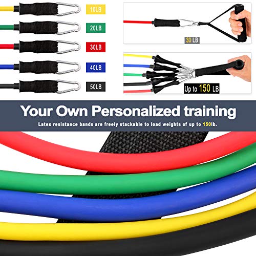 Resistance Bands Set - 11pcs Exercise Bands with Door Anchor, Ankle Straps and Handles - Workout Bands stackable up to 150 lbs - Resistance Bands for Home Workouts, Yoga, Pilates and Physical Therapy